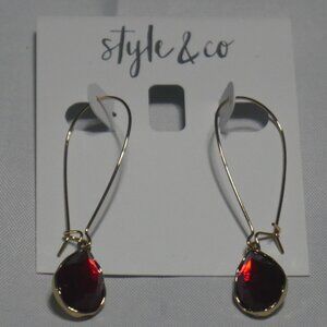 NEW Style & Co Red Crystal Teardrop Dangle Earrings Gold-Tone Hook NWT
